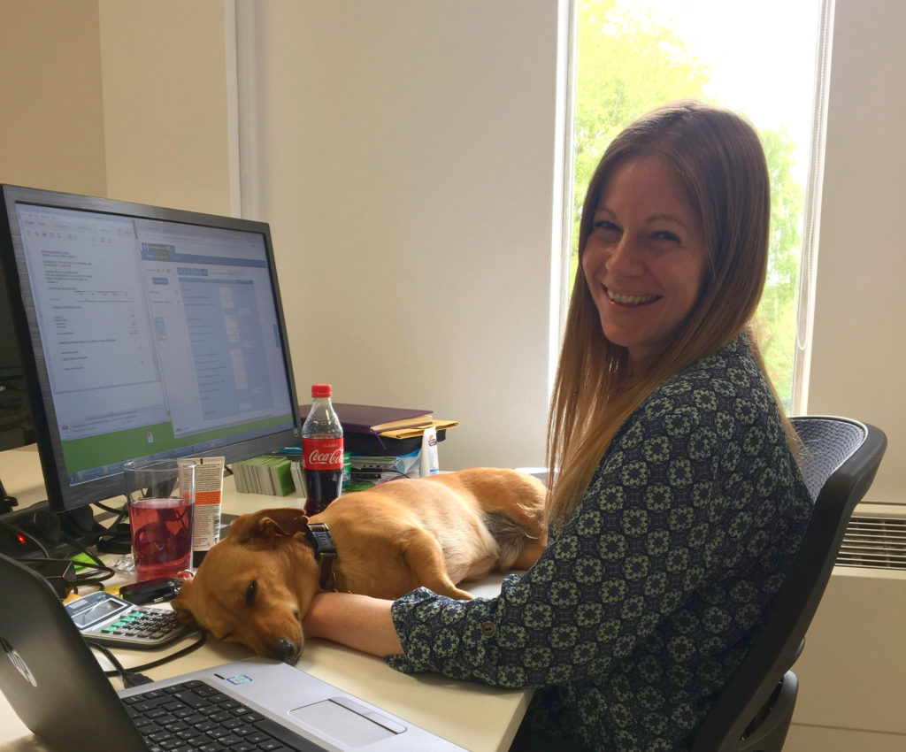 Kelly Oakley in the office with Alfie