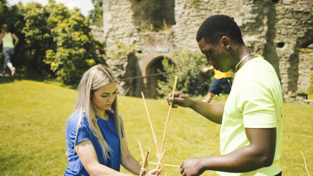 Team building trebuchet from bamboo at Usk Castle