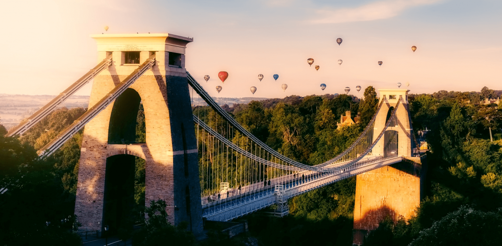 Clifton Suspension Bridge with hot air balloons